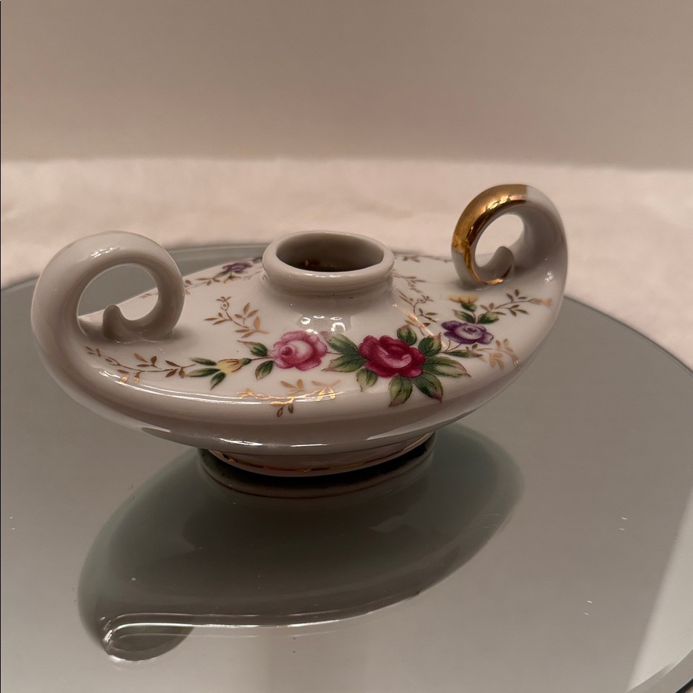 Vintage Nippon Yoko Boeki Japan Floral Porcelain Candle Holder with Gold Accents